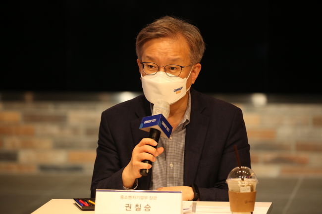 ▲ 권 장관은 이날 축사를 통해 '코로나 이후 미래 대전환의 주역인 혁신벤처와 스타트업의 역량을 확인할 수 있는 무대가 되길 바란다'고 전했다.