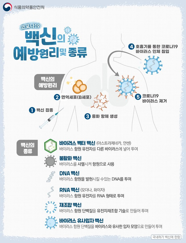 ▲ 코로나19 백신의 예방원리 및 종류 (이미지=식품의약품안전처)