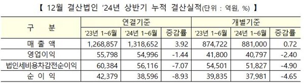 코스닥 12월 결산법인 2024년 상반기 결산실적. 자료=한국거래소
