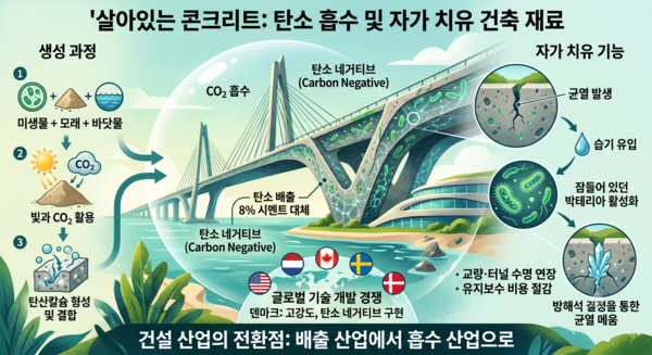 이산화탄소를 ‘먹는’ 콘크리트…균열까지 스스로 고치는 ‘바이오 건축자재’ 주목