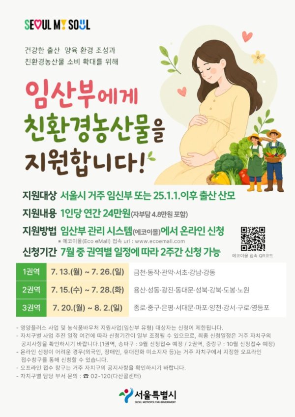 서울시 '2026년 임산부 친환경농산물 지원사업' 홍보 포스터. 서울시는 7월 13일부터 권역별로 신청을 받아 선정된 임산부에게 연간 24만 원 상당의 친환경농산물을 지원한다. [서울시 제공. DB 및 재판매 금지]