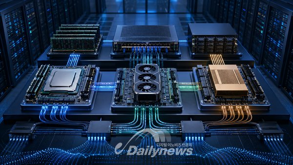 CPU·GPU·NPU 등 서로 다른 연산장치와 메모리·네트워크·스토리지를 연결한 개방형 AI 컴퓨팅 인프라를 표현한 이미지. AI그래픽=데일리뉴스