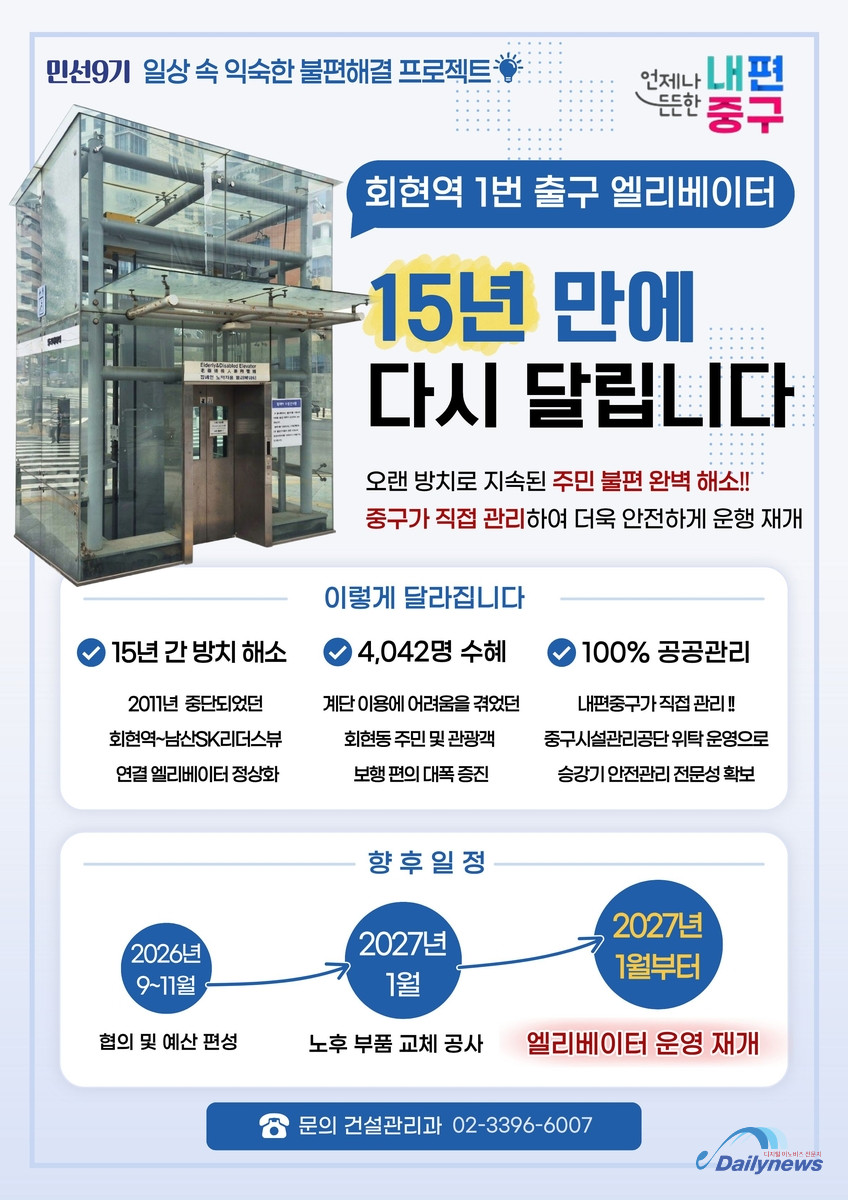 서울 중구, 15년간 멈춘 회현역 1번 출구 엘리베이터 내년 초 다시 운행